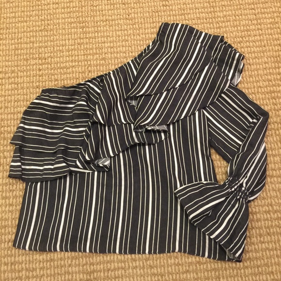 Scripted Ruffled Striped One-Shoulder Top Small - Picture 3 of 6